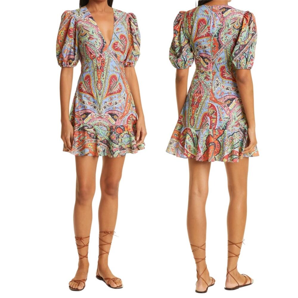 Rhode Ruby Puff Sleeve Ruffle Hem Printed Boho Artsy Mini Dress Womens 10